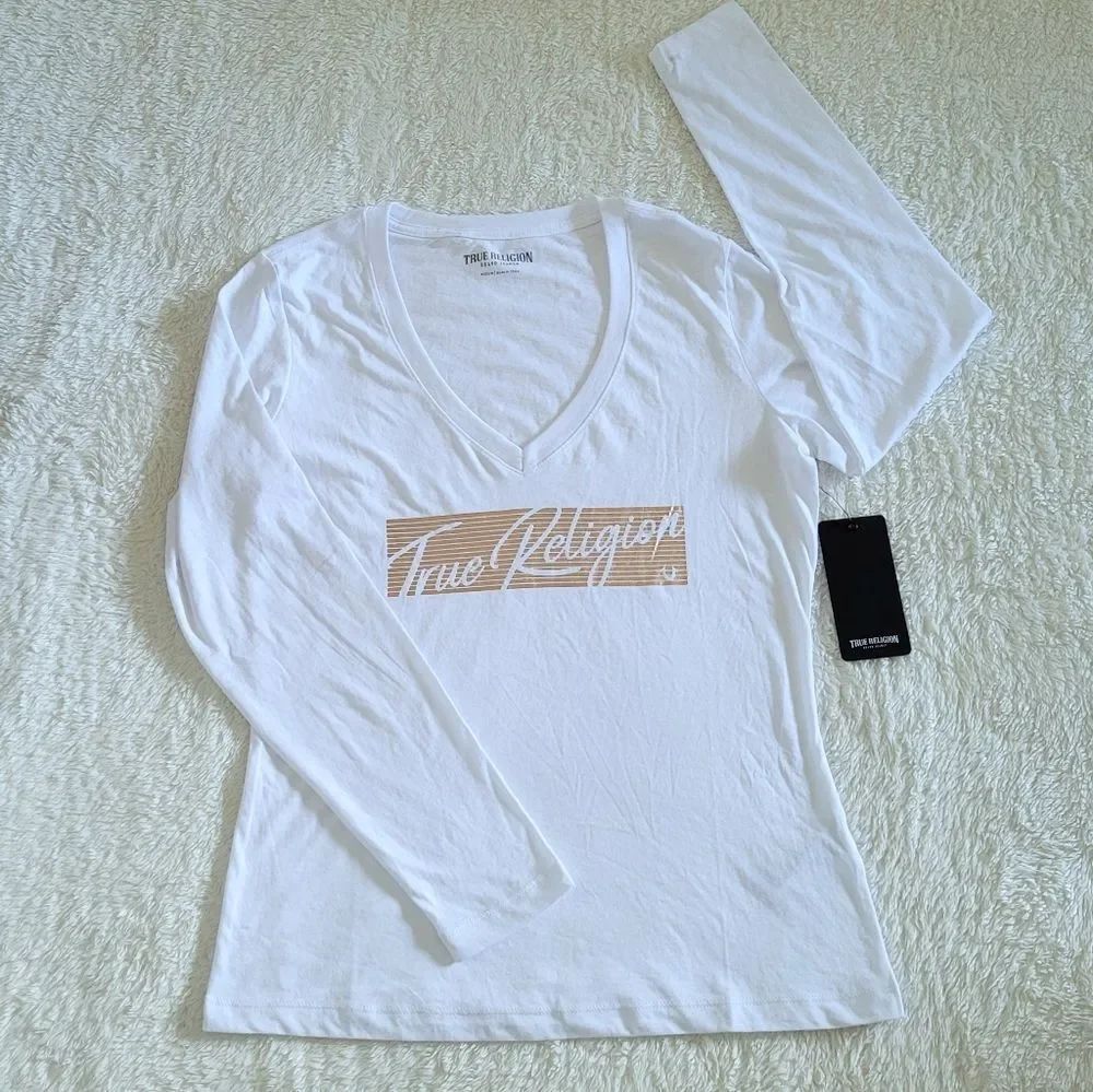 True Religion🙏 Long Sleeve Rose🌹Gold💛 Foil Graphic Tee - NWT